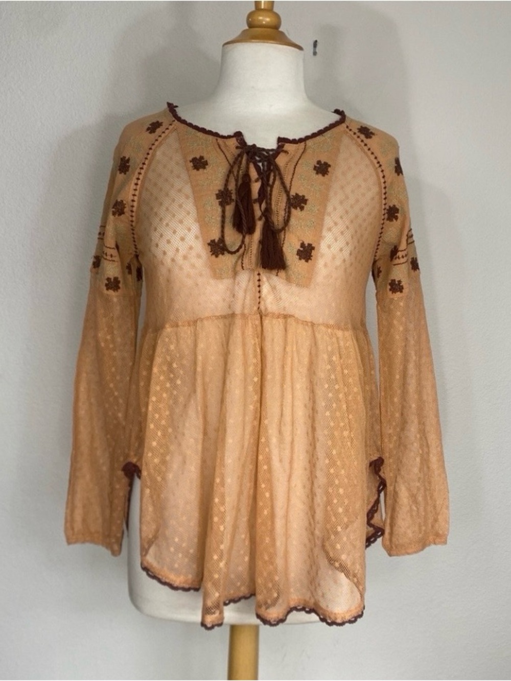 NWT New Free People Womens Sunset Ora Long Sleeve Sheer Blouse Size Small Boho